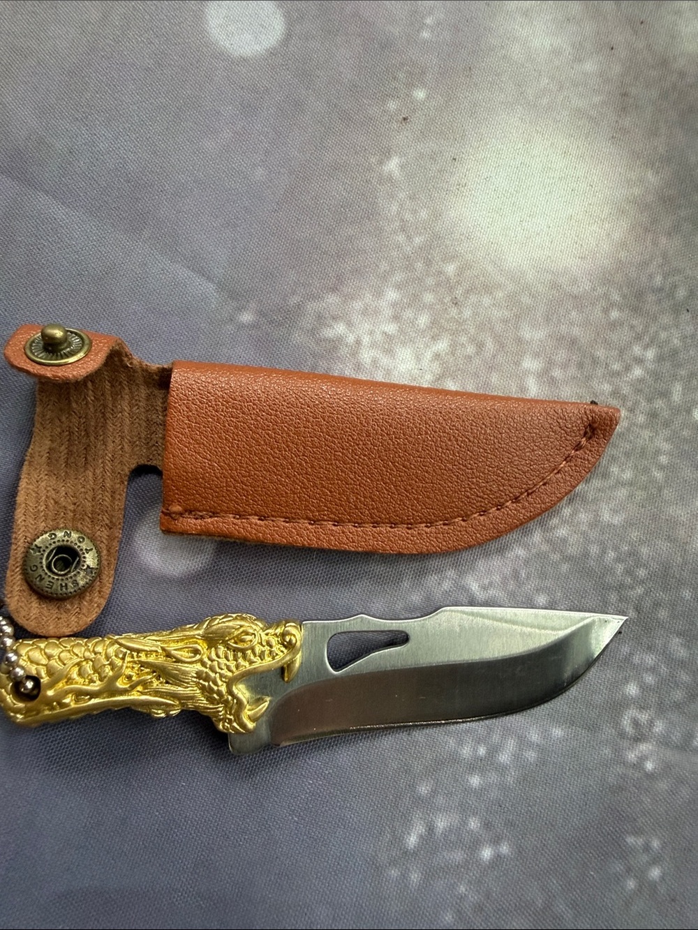 Men's handmade Brown Leather Sheath Knife with Gold plated dragon Handle